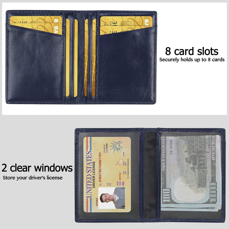 Unaone Slim Minimalist Wallet - Premium Leather RFID Blocking Front Pocket Wallets with 8 Card Slots and 2 ID Window, Dark Blue - Image 2